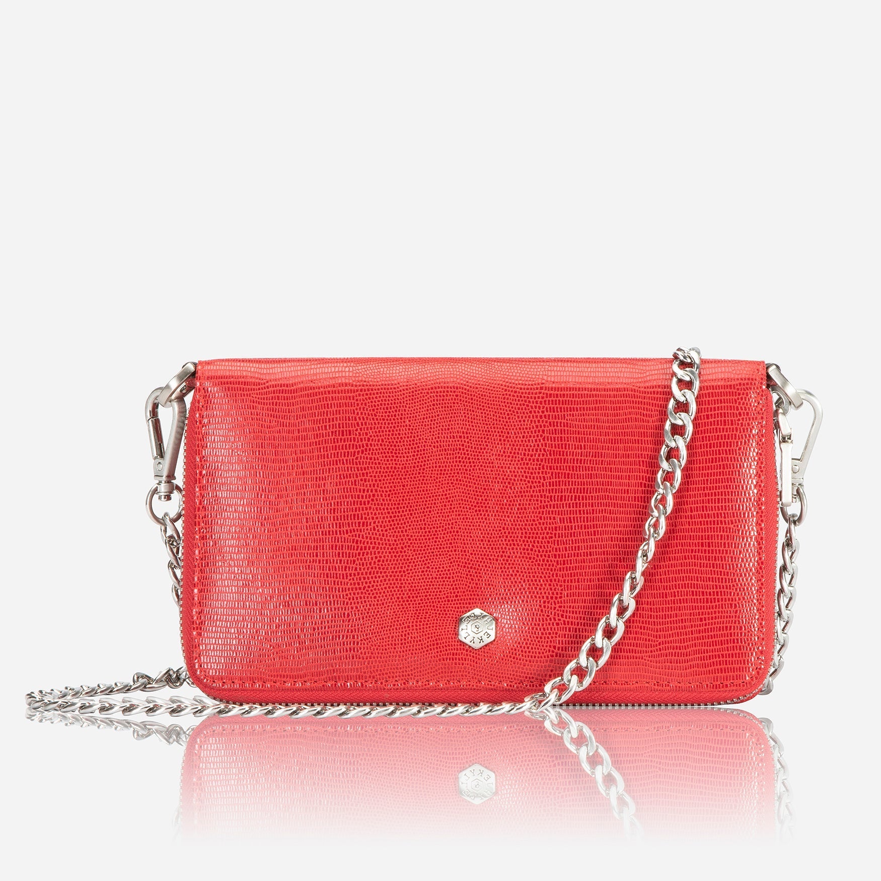 Cherry colored chain purse with stylish design, perfect for cards and coins.