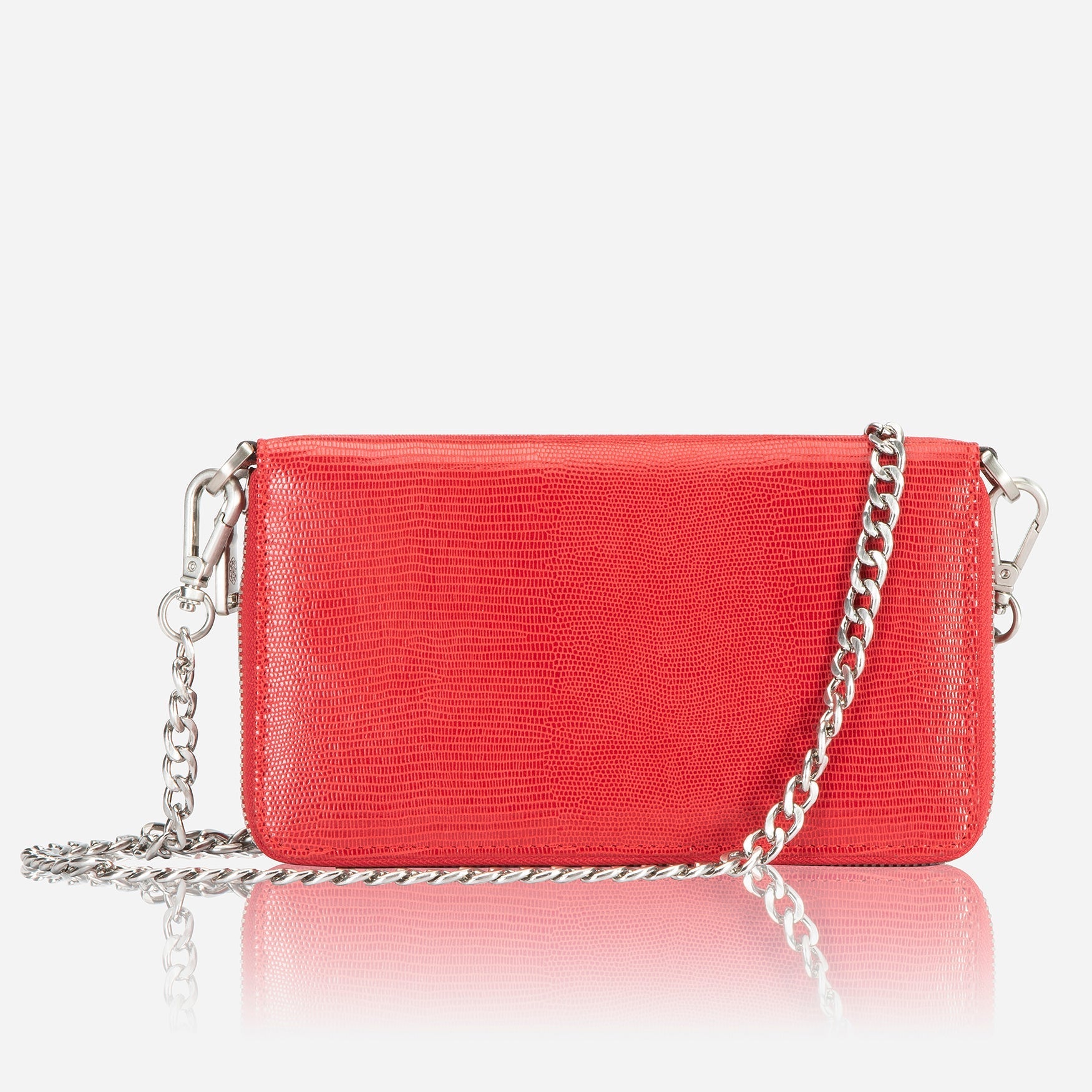 Cherry colored chain purse with stylish design, perfect for cards and coins.