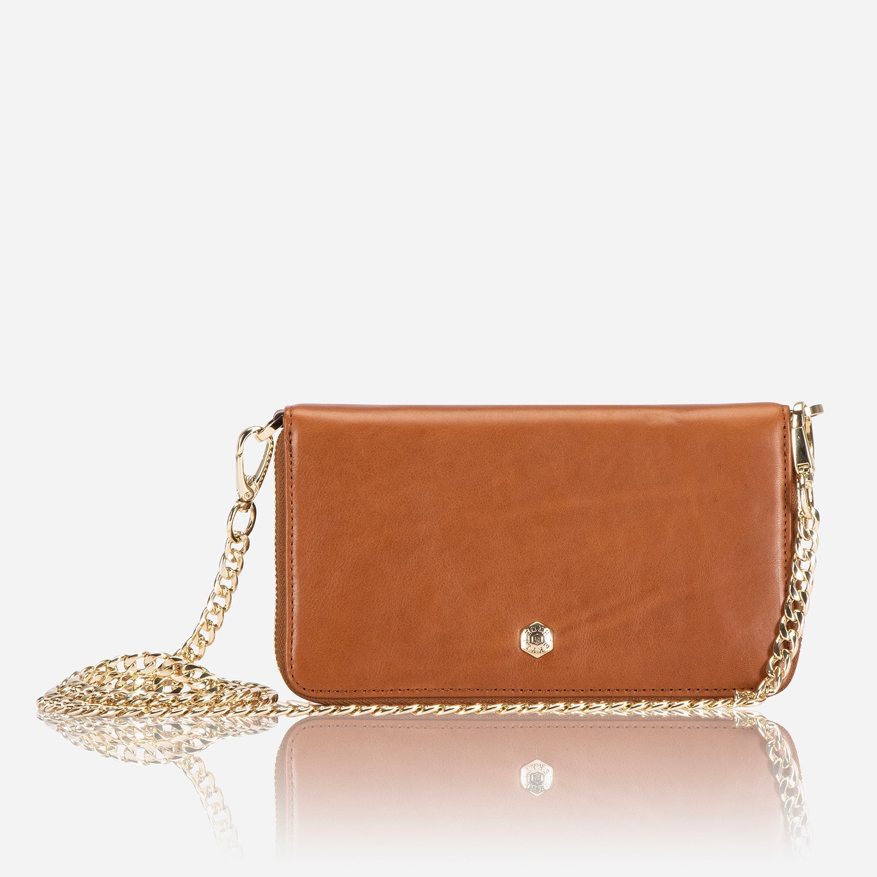 Tan Chain Purse with eye-catching chain design, perfect for storing cards, notes, and coins.