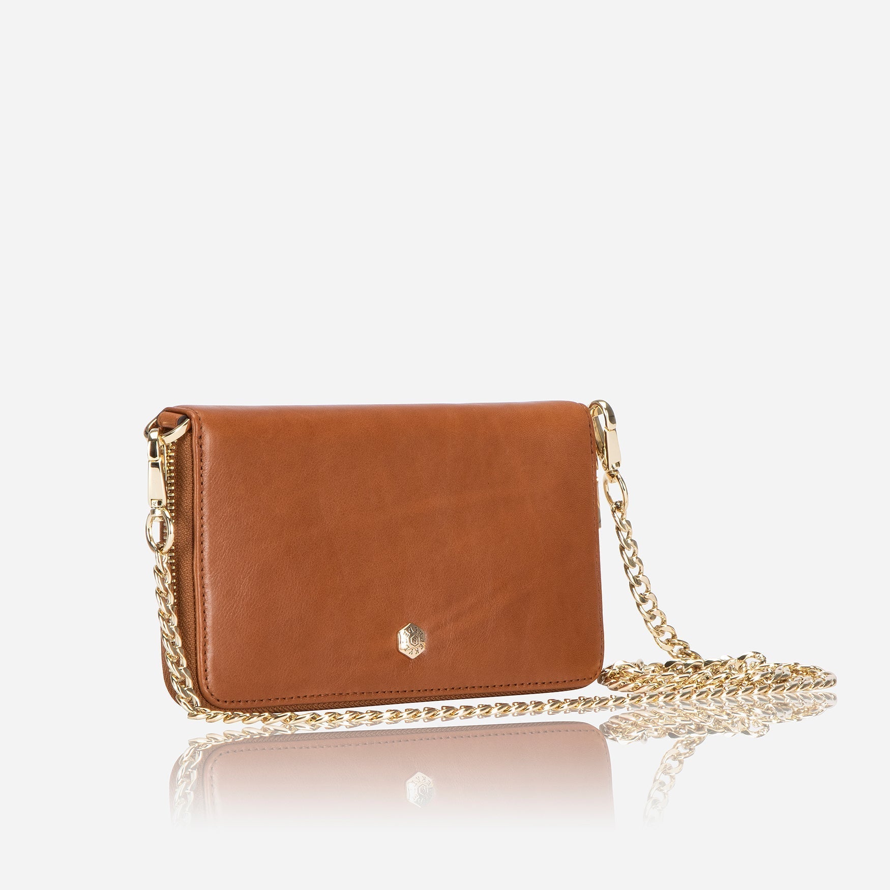 Tan Chain Purse with eye-catching chain design, perfect for storing cards, notes, and coins.