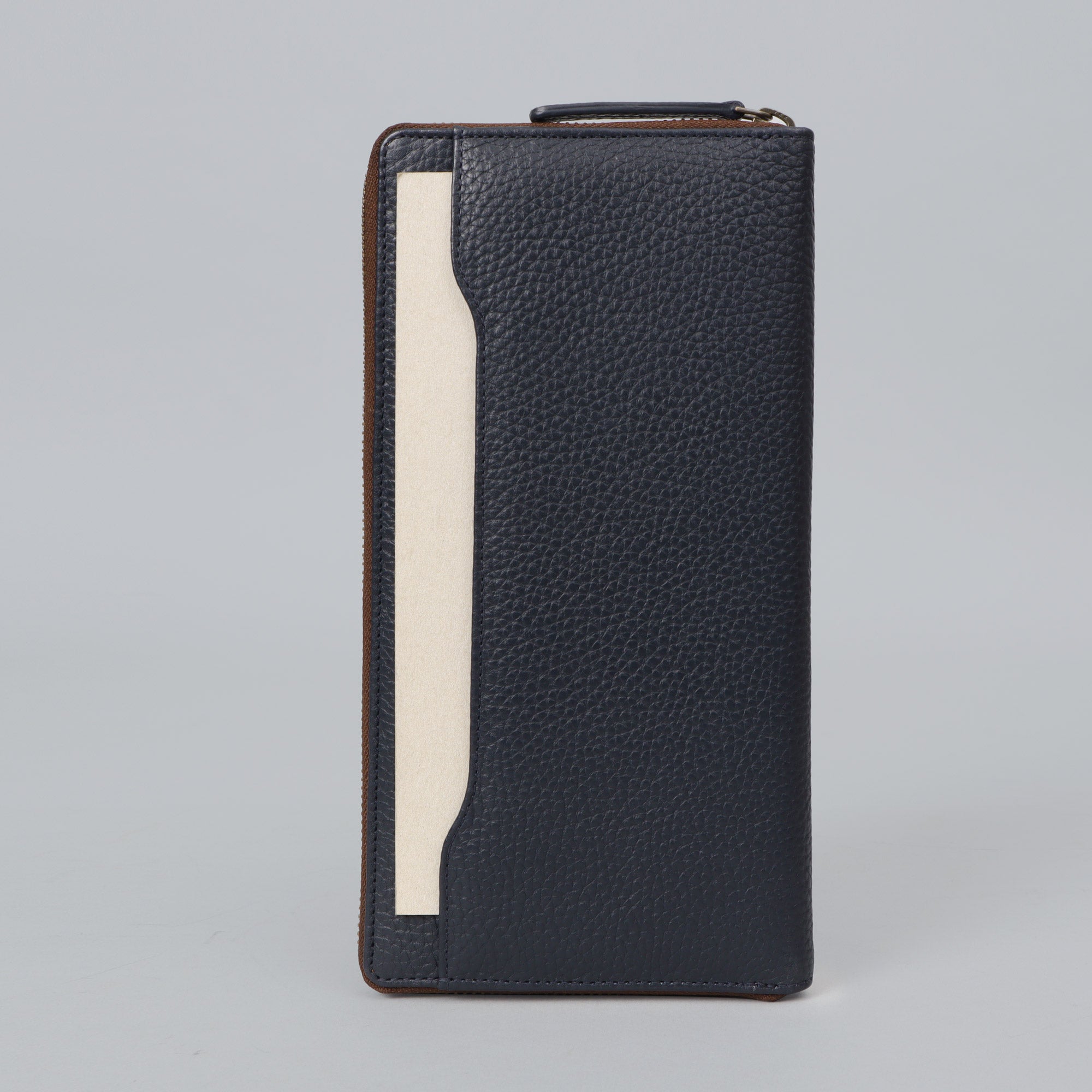 A stylish Cheque Book Leather Wallet made from premium full grain leather, featuring multiple card pockets and a secure zipper closure.