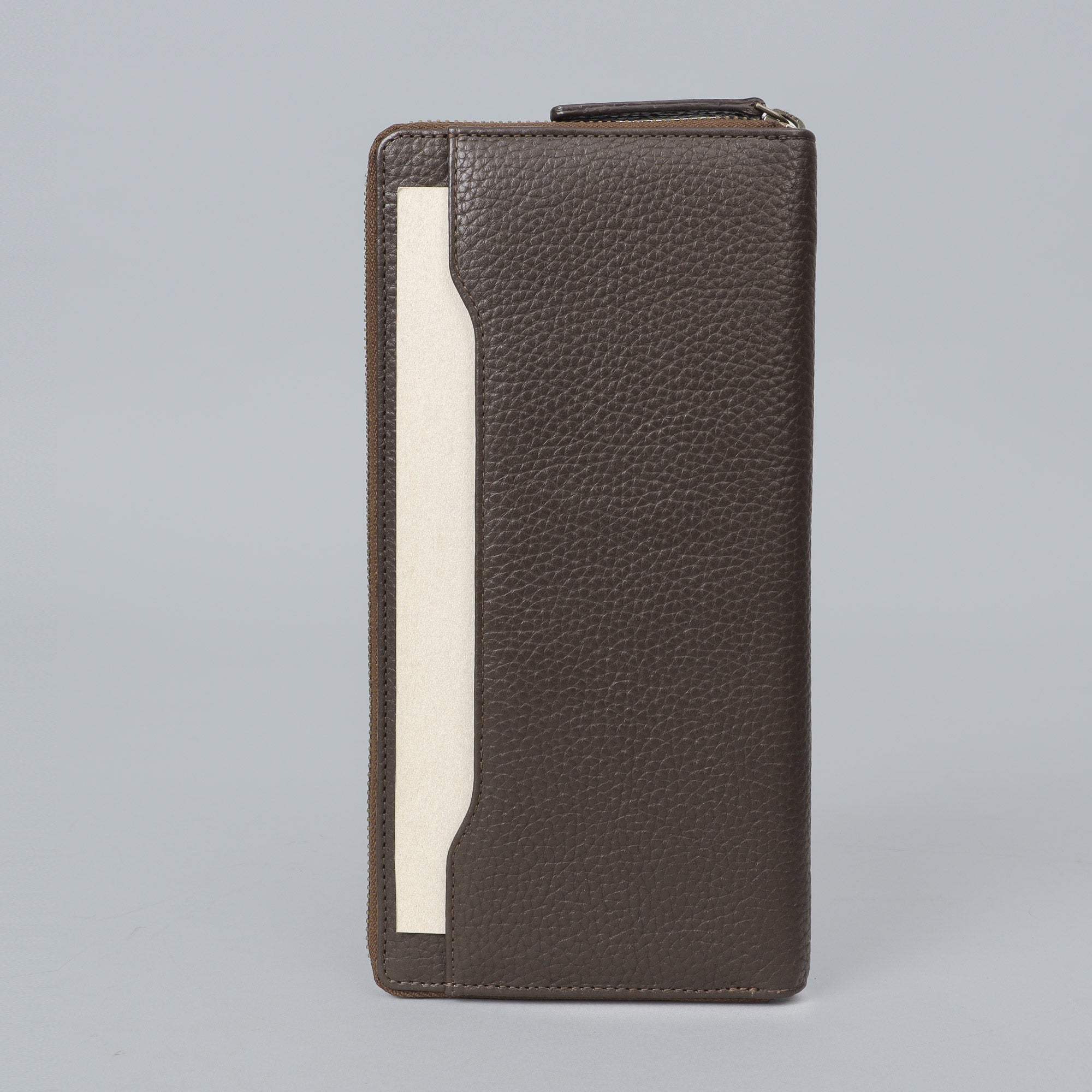 A stylish Cheque Book Leather Wallet made from premium full grain leather, featuring multiple pockets and a secure zipper closure.