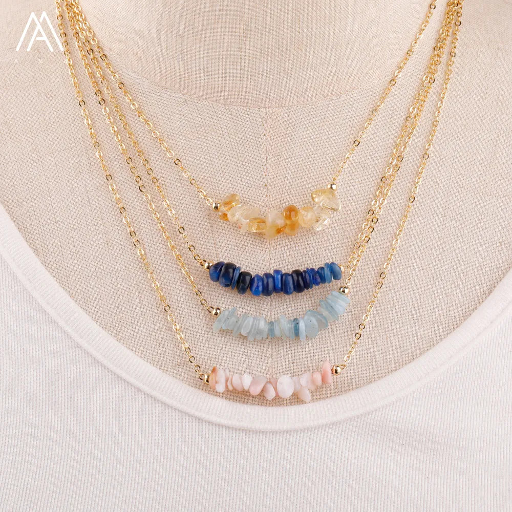 Chic Crystal Necklace featuring a trendy moon design with vibrant gemstones including turquoise, rose quartz, and opal, perfect for women.