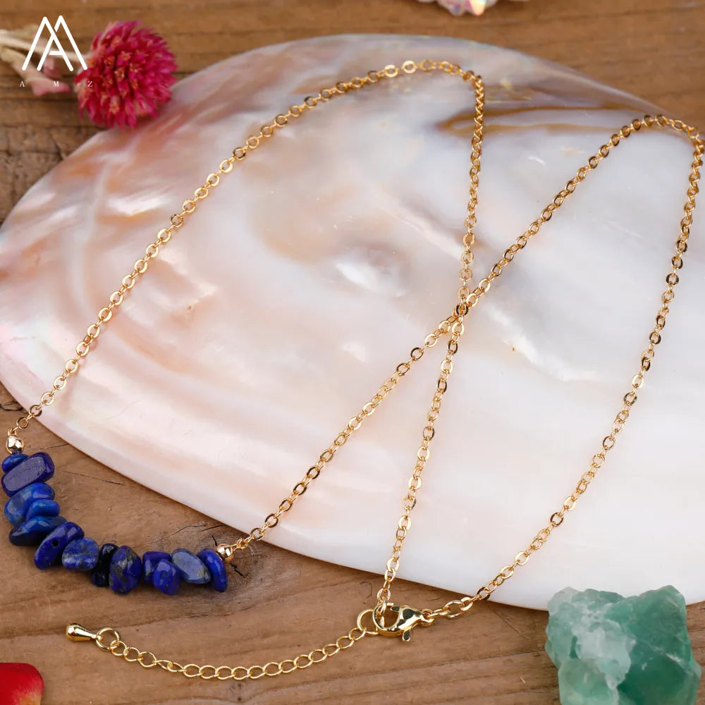 Chic Crystal Necklace featuring a trendy moon design with vibrant gemstones including turquoise, rose quartz, and opal, perfect for women.