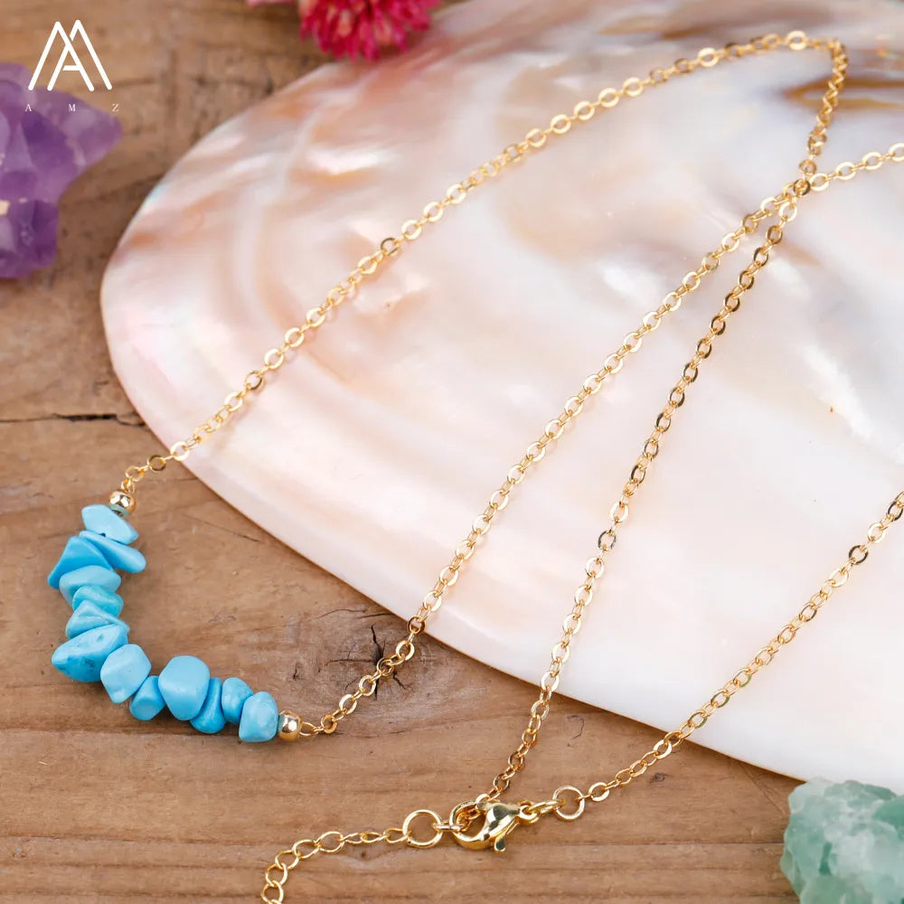 Chic Crystal Necklace featuring a trendy moon design with vibrant gemstones including turquoise, rose quartz, and opal, perfect for women.