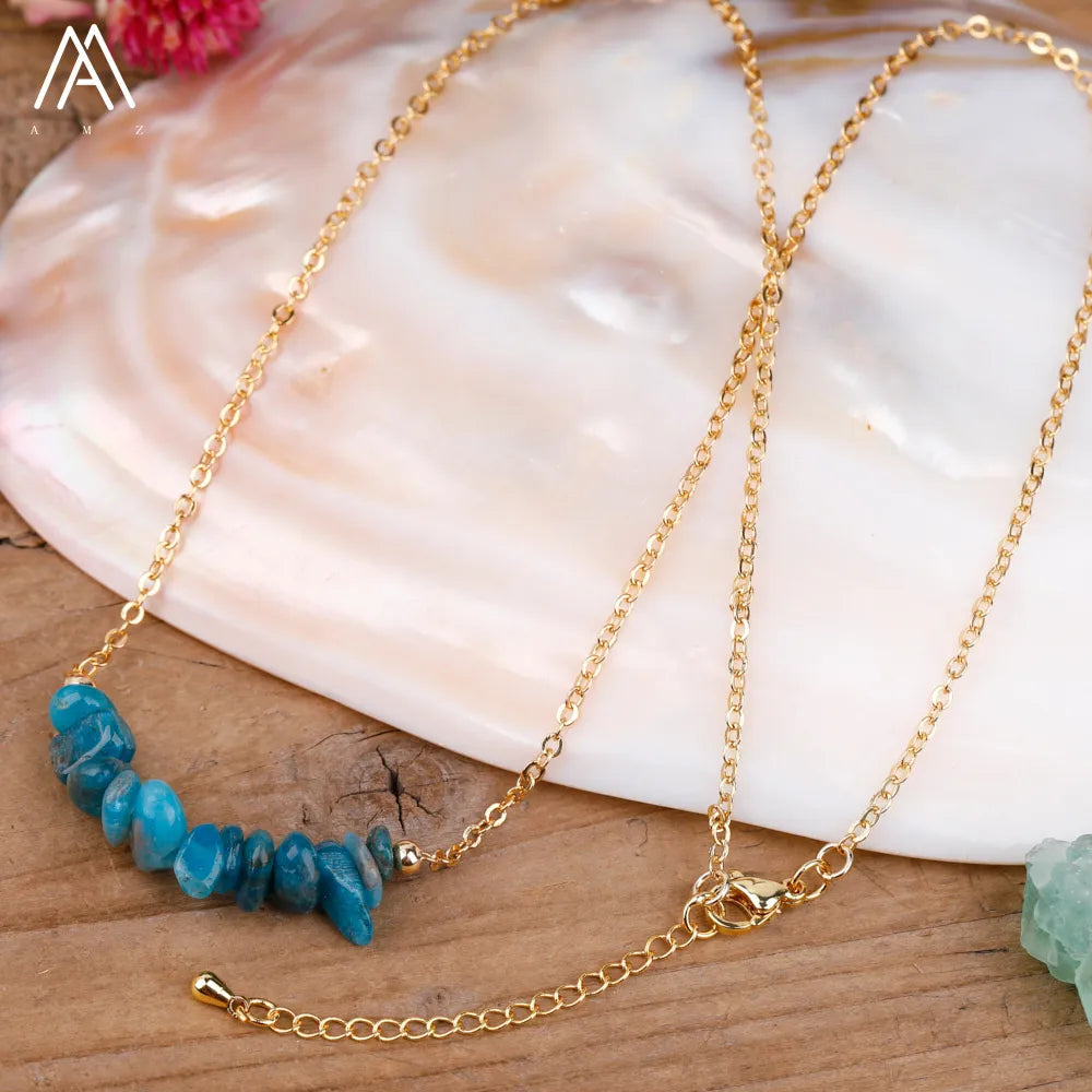 Chic Crystal Necklace featuring a trendy moon design with vibrant gemstones including turquoise, rose quartz, and opal, perfect for women.