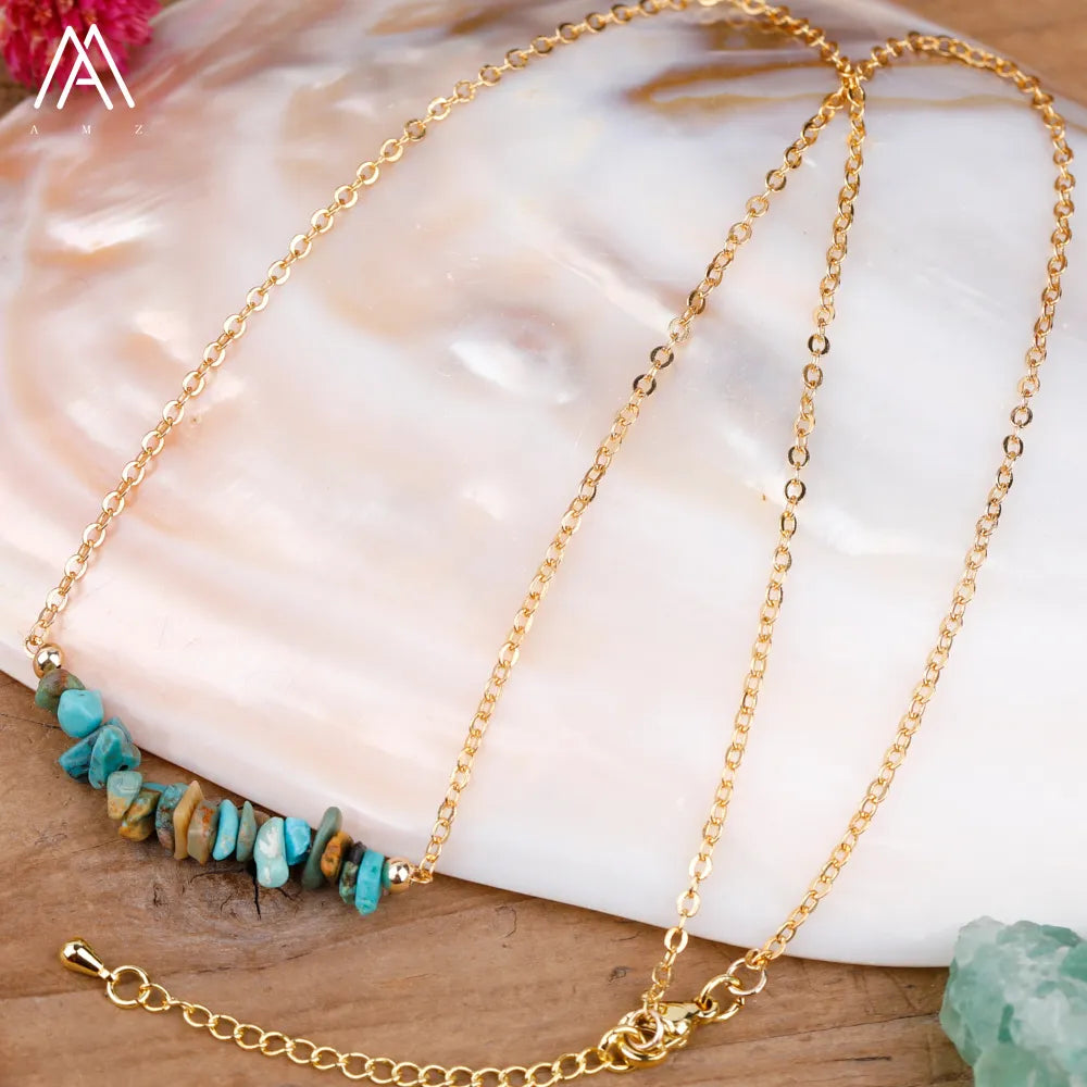 Chic Crystal Necklace featuring a trendy moon design with vibrant gemstones including turquoise, rose quartz, and opal, perfect for women.