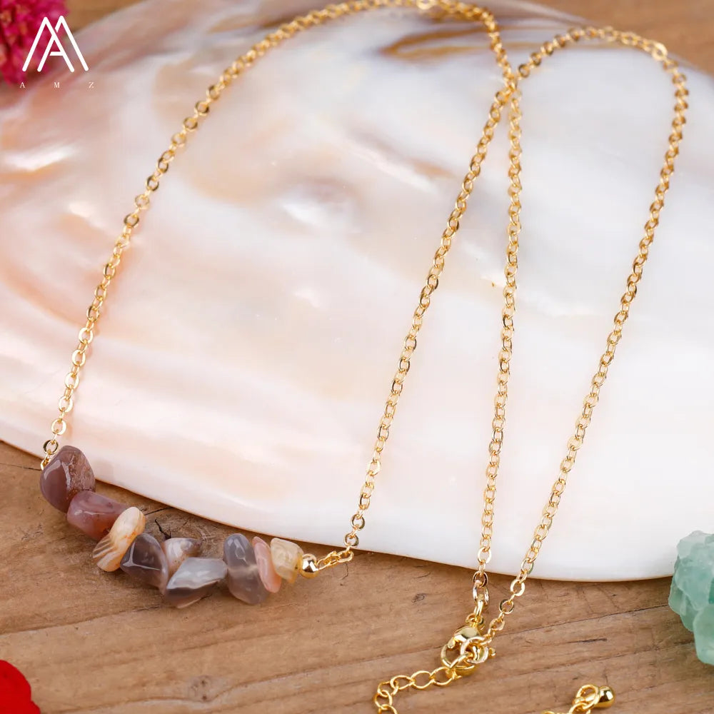 Chic Crystal Necklace featuring a trendy moon design with vibrant gemstones including turquoise, rose quartz, and opal, perfect for women.