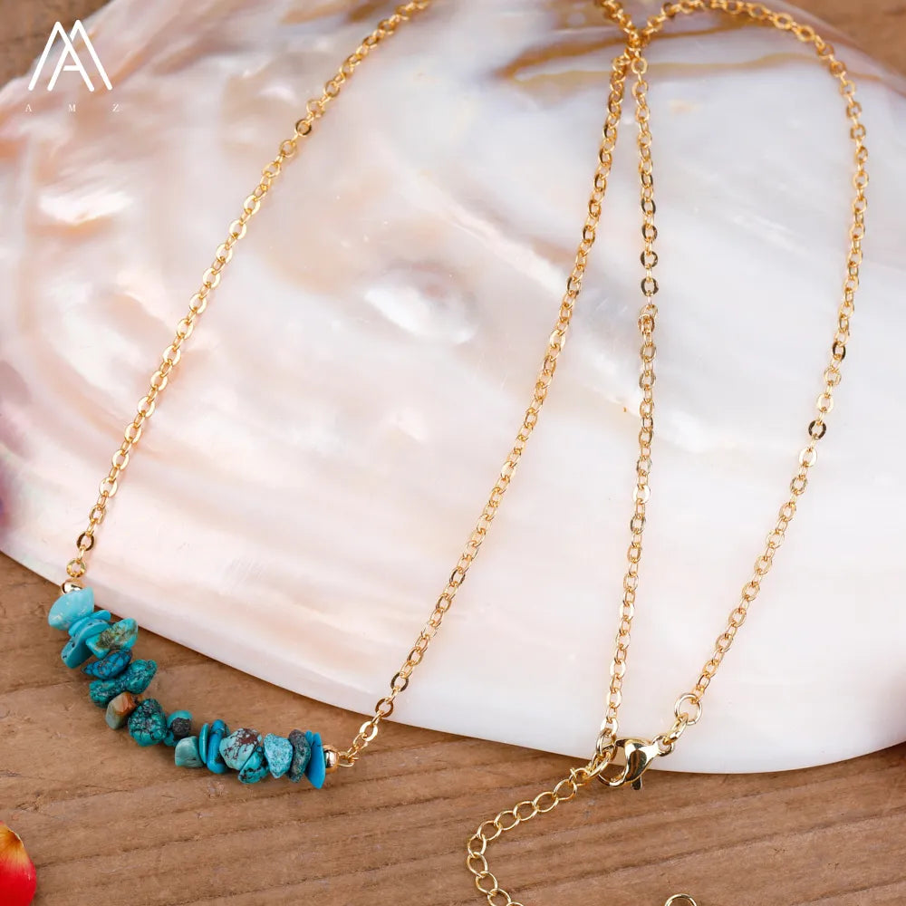 Chic Crystal Necklace featuring a trendy moon design with vibrant gemstones including turquoise, rose quartz, and opal, perfect for women.