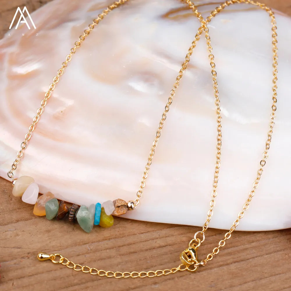 Chic Crystal Necklace featuring a trendy moon design with vibrant gemstones including turquoise, rose quartz, and opal, perfect for women.