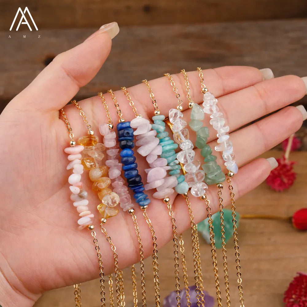 Chic Crystal Necklace featuring a trendy moon design with vibrant gemstones including turquoise, rose quartz, and opal, perfect for women.