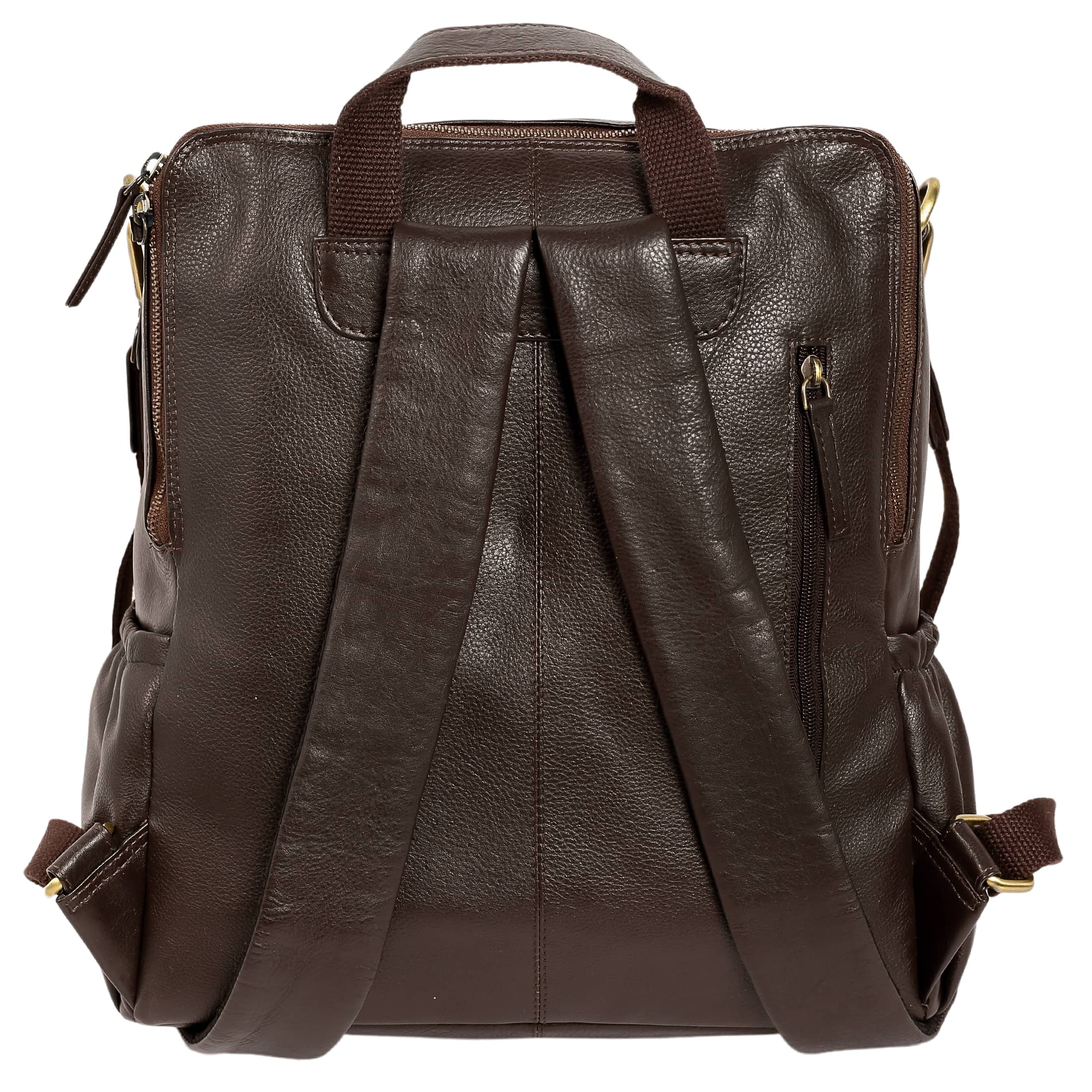 Classic leather backpack made from top-grain hides, showcasing its stylish design and spacious interior.