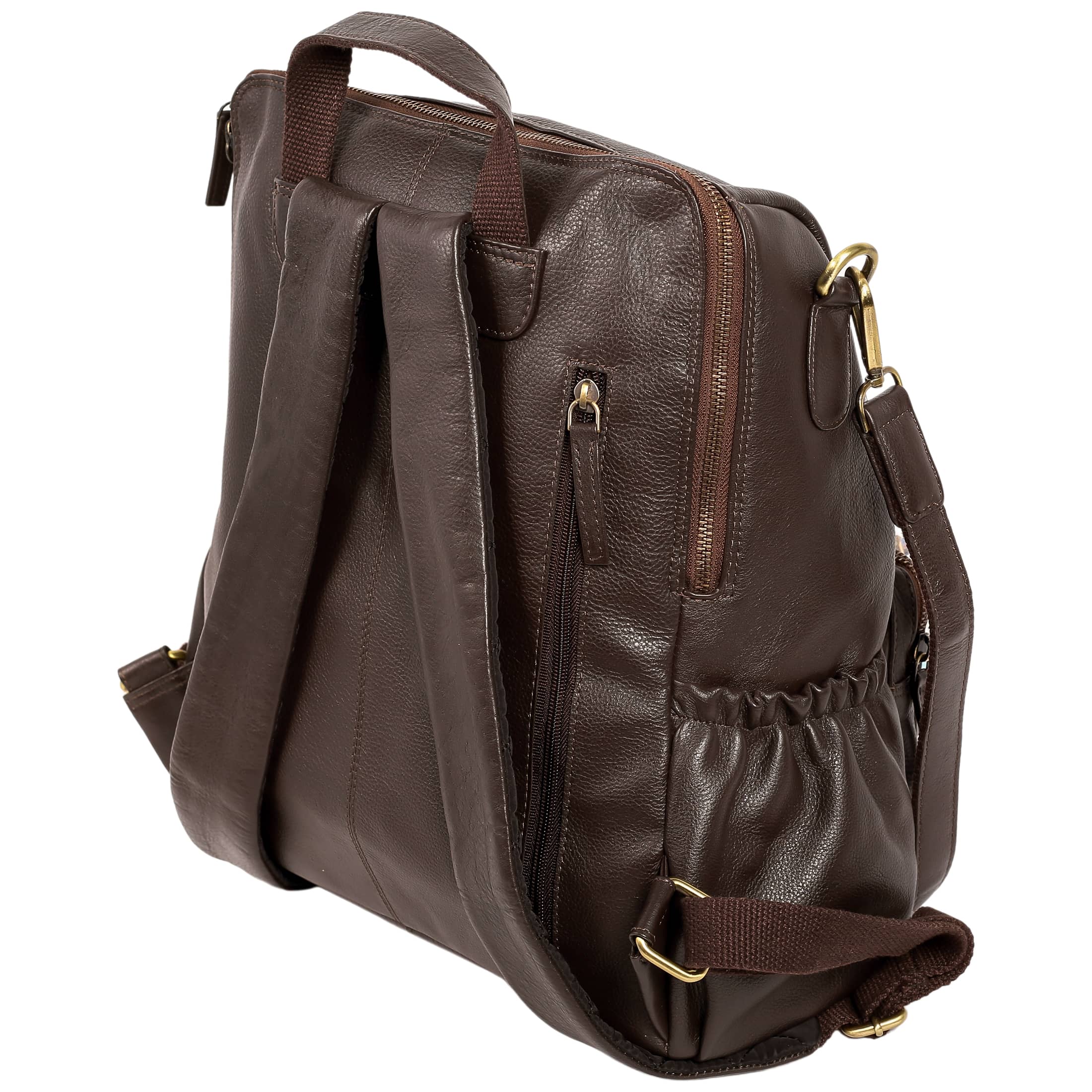 Classic leather backpack made from top-grain hides, showcasing its stylish design and spacious interior.