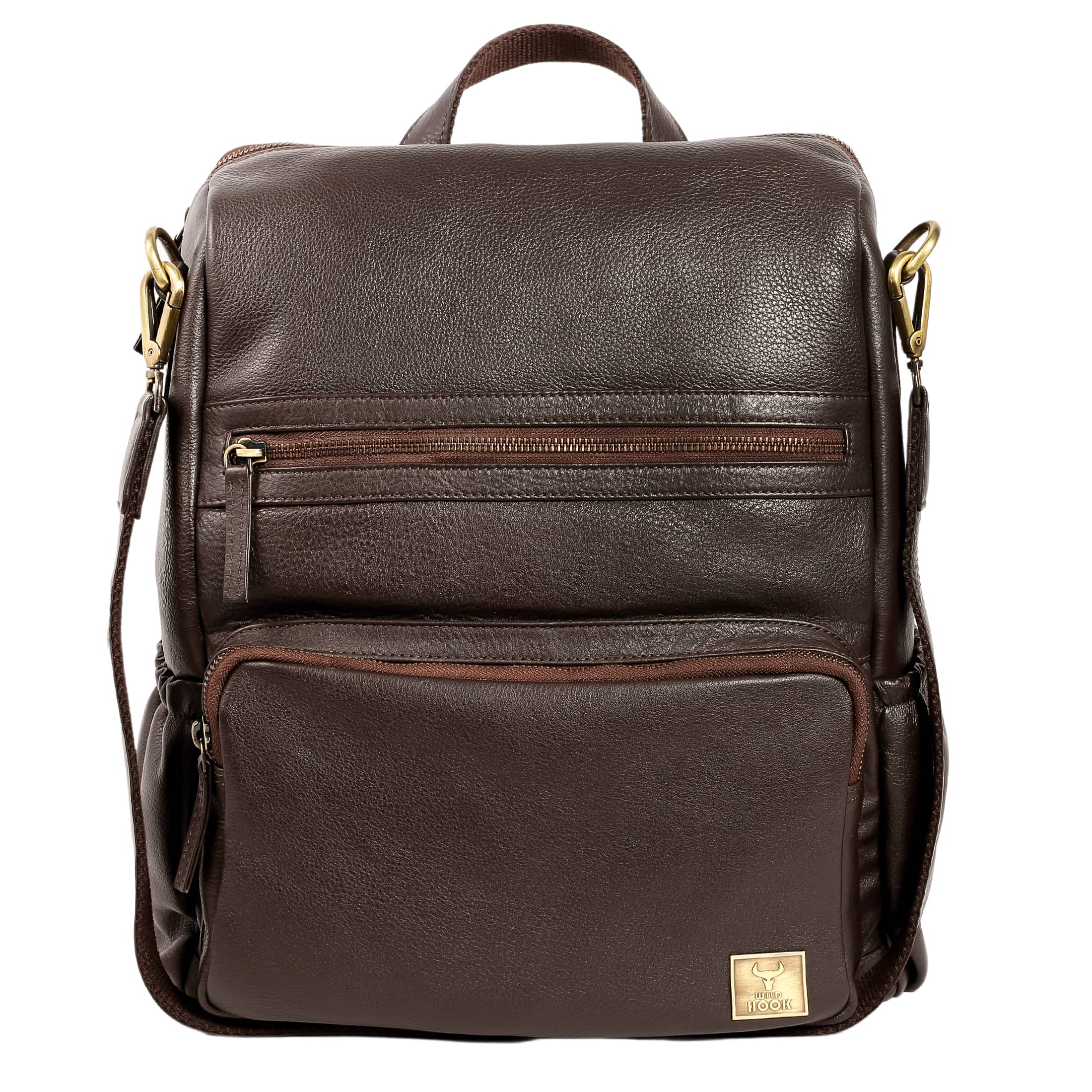 Classic leather backpack made from top-grain hides, showcasing its stylish design and spacious interior.