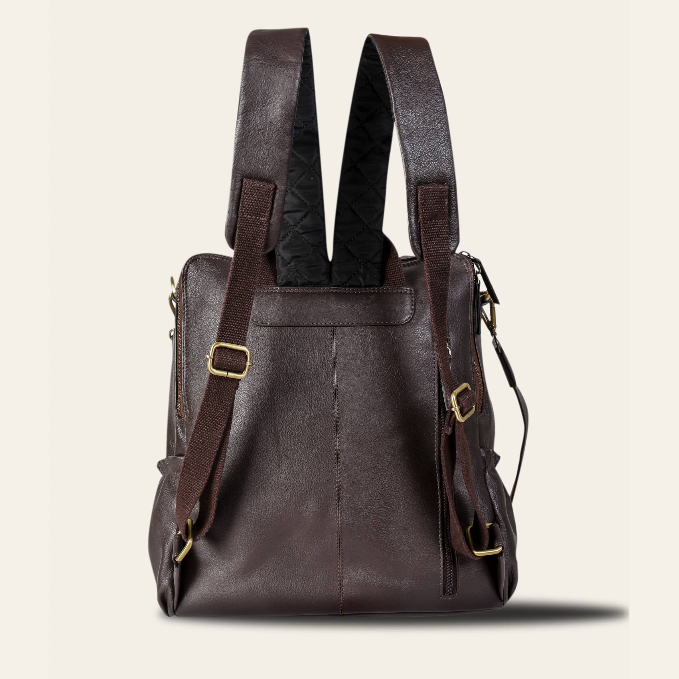 Classic leather backpack made from top-grain hides, showcasing its stylish design and spacious interior.