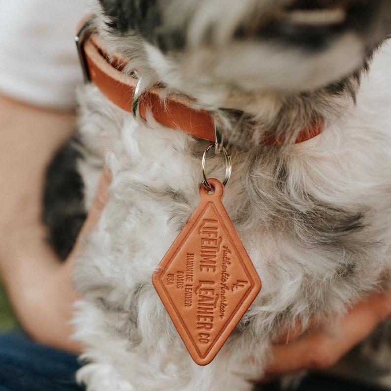 Classic leather dog collar handcrafted from genuine full grain leather with stainless steel hardware, featuring a personalized diamond dog tag.