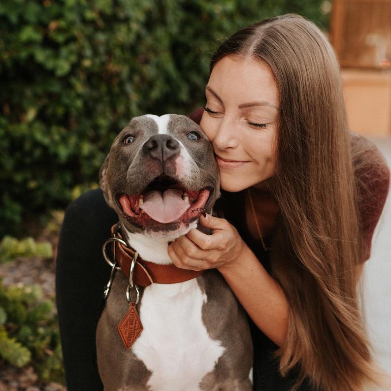 Classic leather dog collar handcrafted from genuine full grain leather with stainless steel hardware, featuring a personalized diamond dog tag.