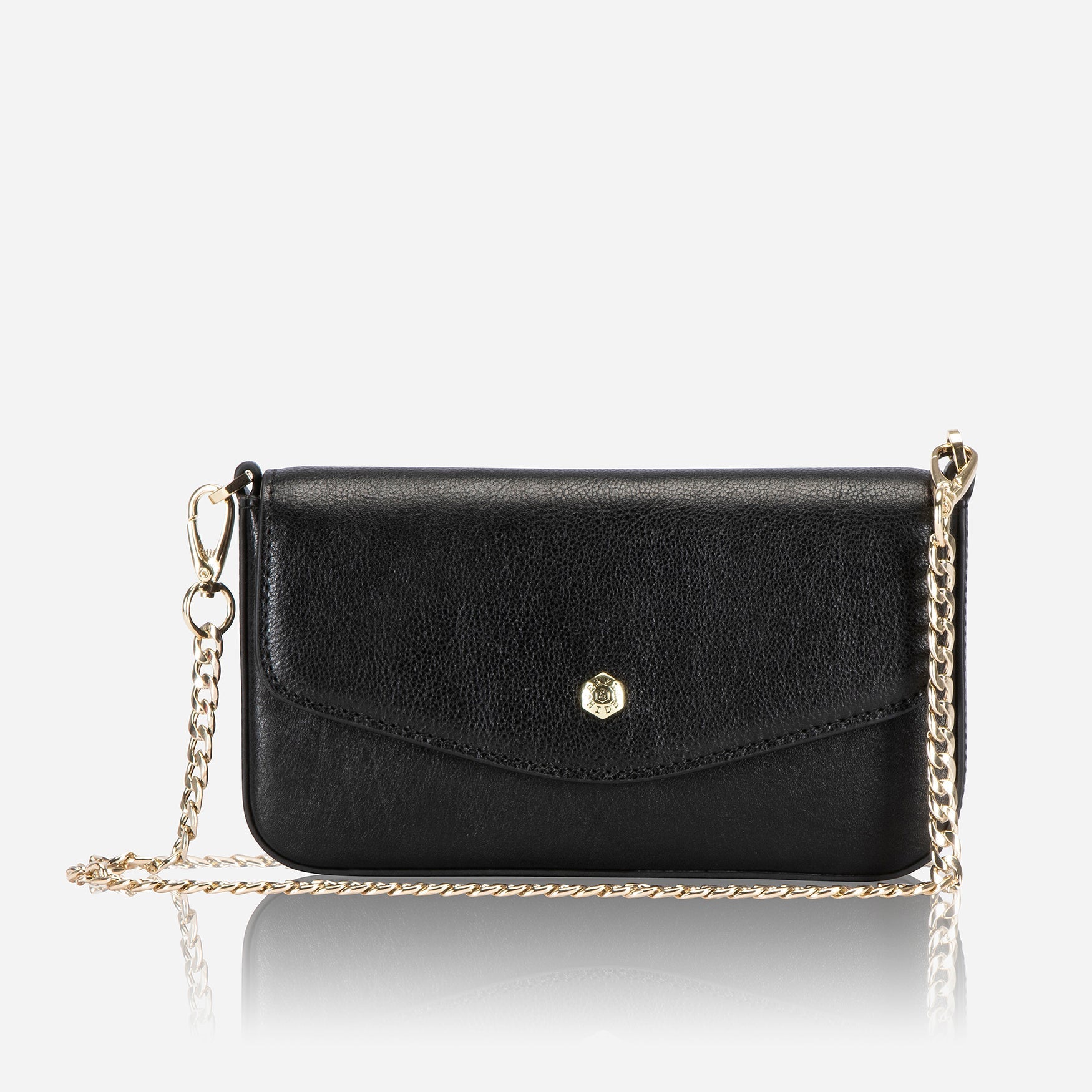 Elegant black clutch bag with chain shoulder strap, perfect for any occasion.