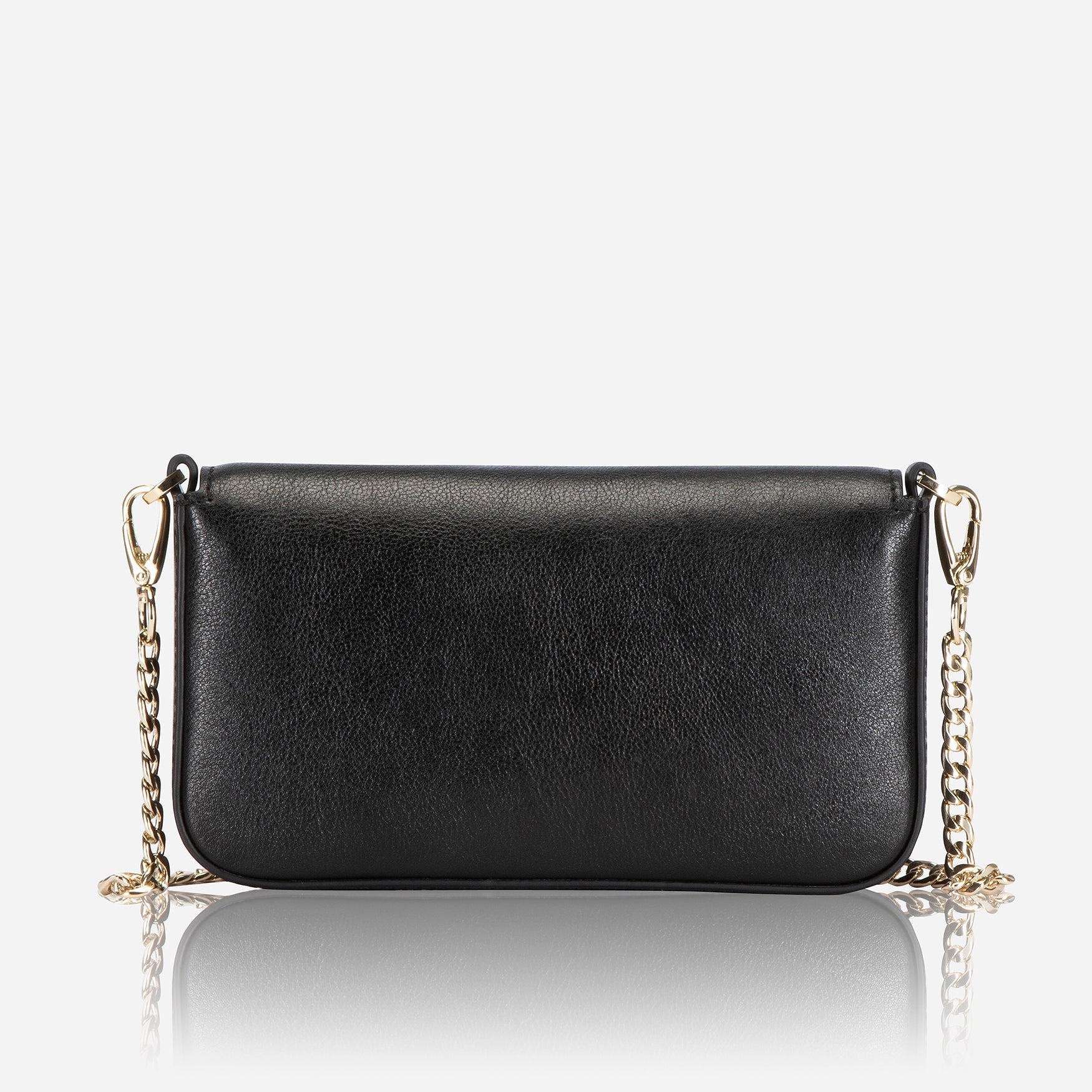 Elegant black clutch bag with chain shoulder strap, perfect for any occasion.