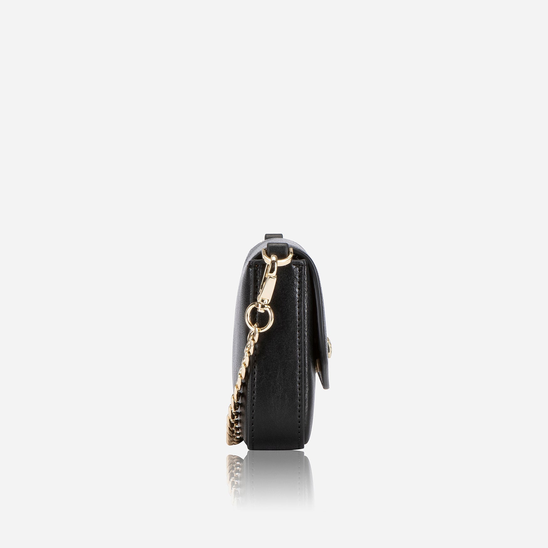 Elegant black clutch bag with chain shoulder strap, perfect for any occasion.