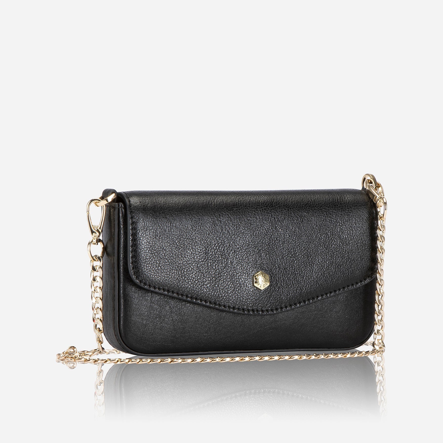 Elegant black clutch bag with chain shoulder strap, perfect for any occasion.