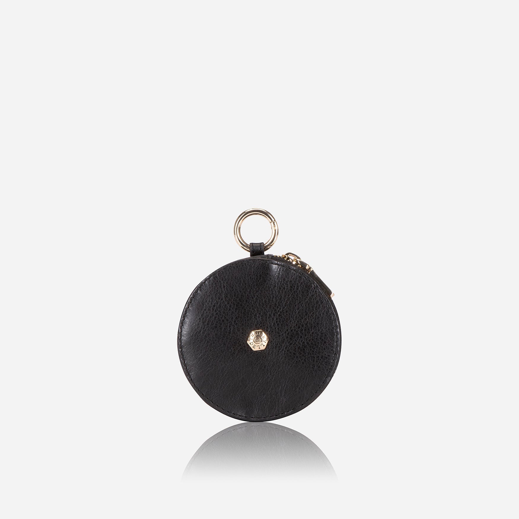 A stylish black coin purse designed to hold notes, cards, and coins, featuring a compact design and attachment options.