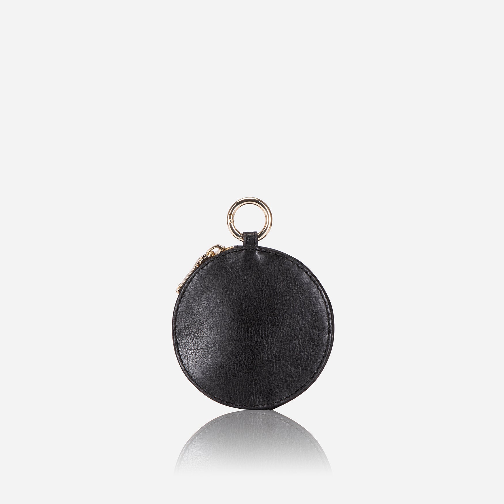 A stylish black coin purse designed to hold notes, cards, and coins, featuring a compact design and attachment options.