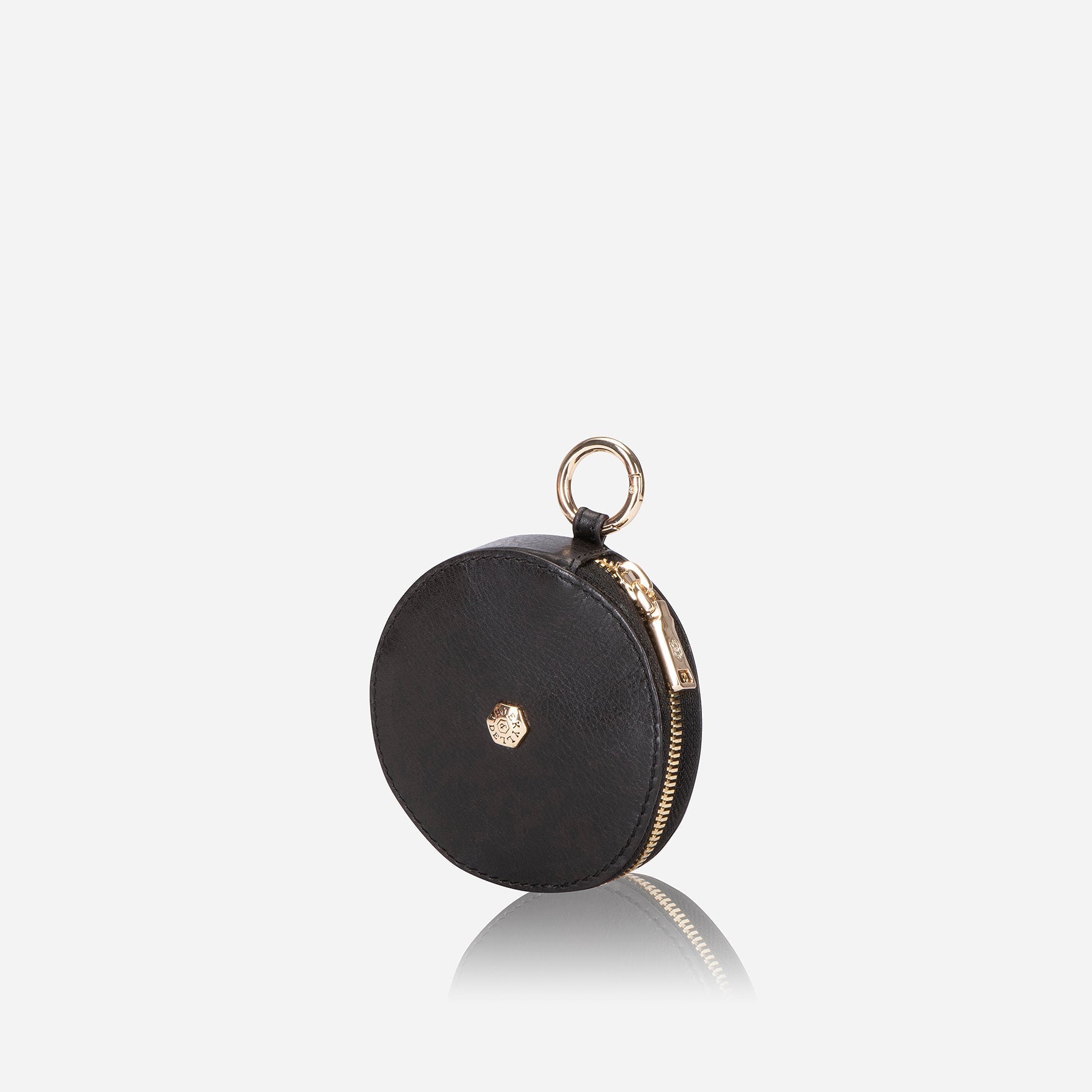 A stylish black coin purse designed to hold notes, cards, and coins, featuring a compact design and attachment options.