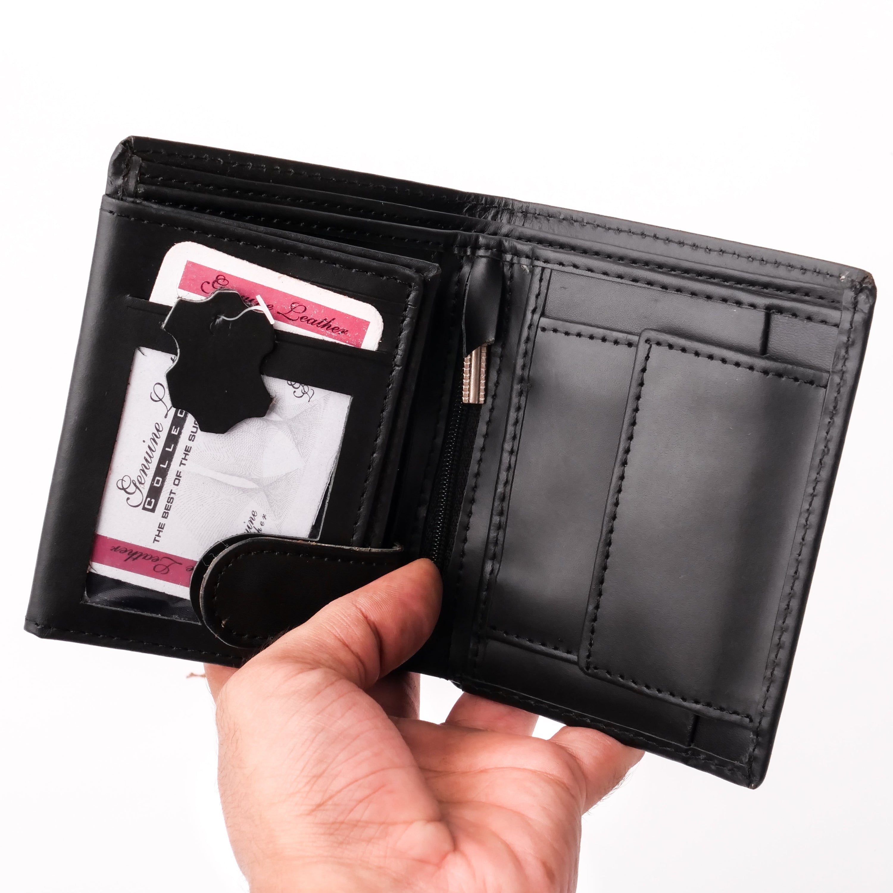 Compact Black Leather Wallet featuring multiple card slots and a coin pocket, elegantly designed for convenience and style.