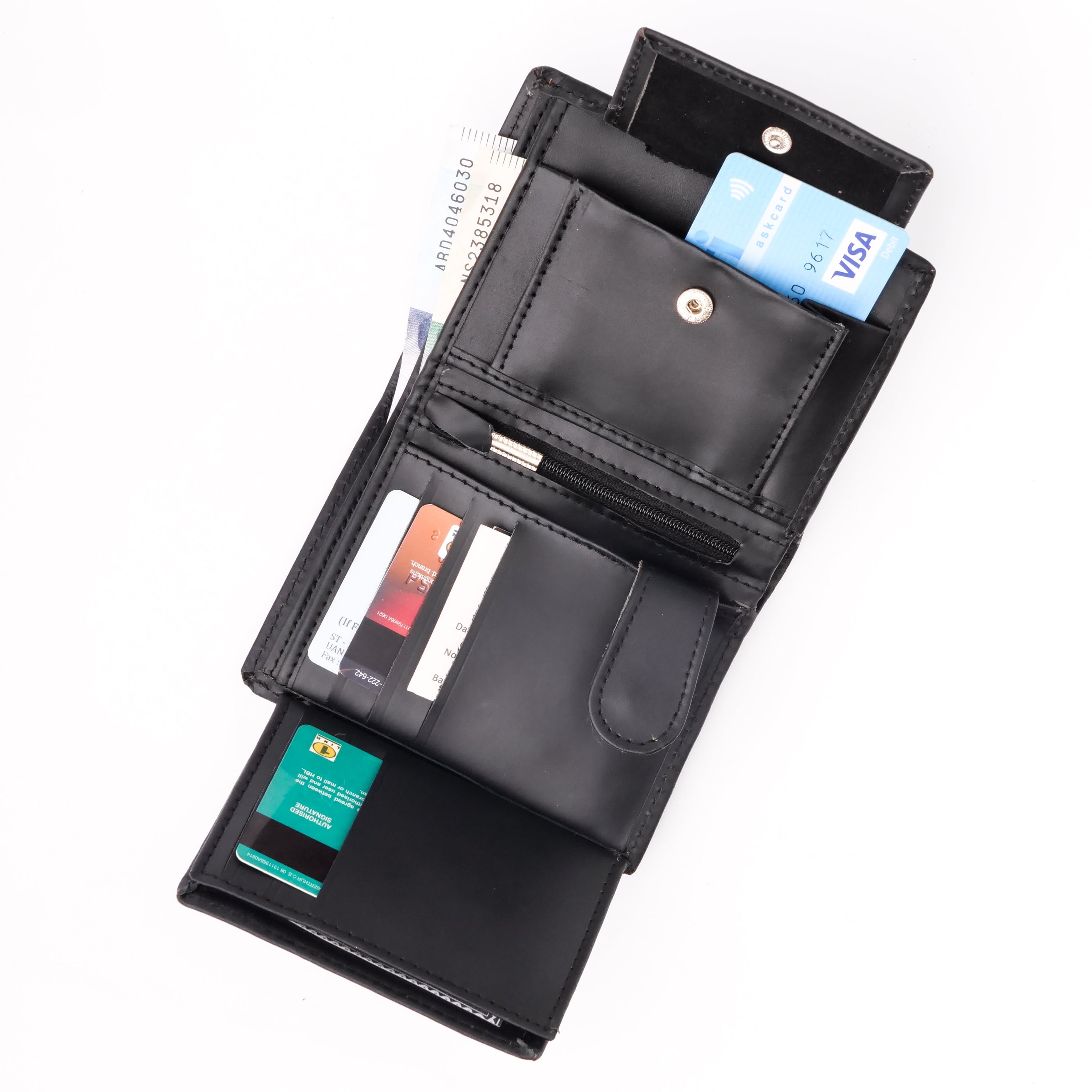 Compact Black Leather Wallet featuring multiple card slots and a coin pocket, elegantly designed for convenience and style.