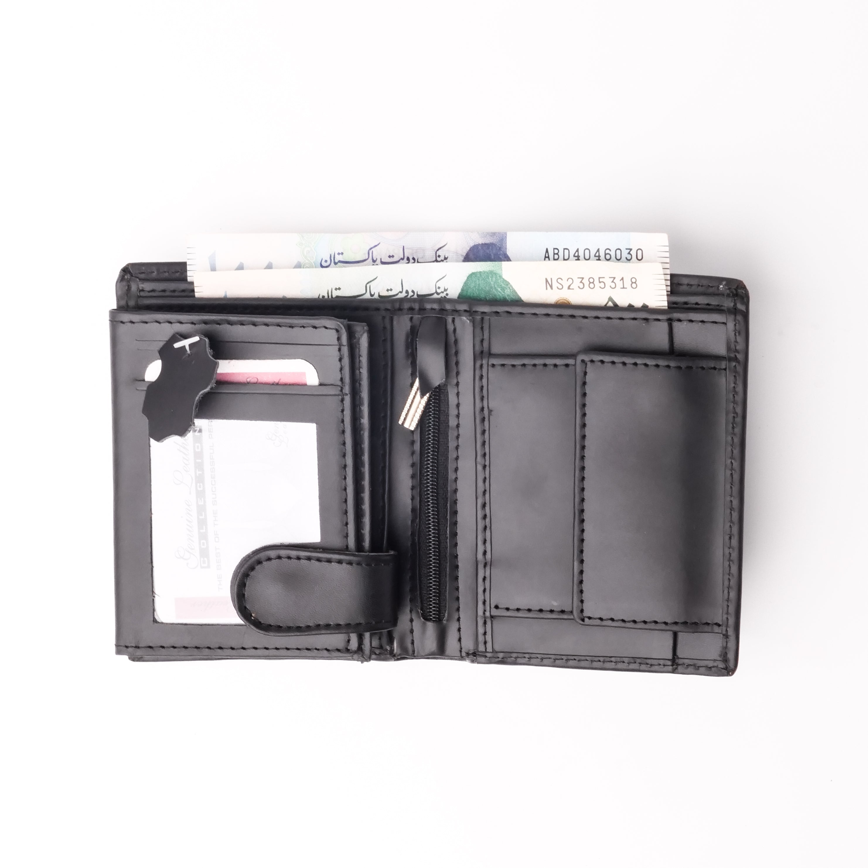 Compact Black Leather Wallet featuring multiple card slots and a coin pocket, elegantly designed for convenience and style.