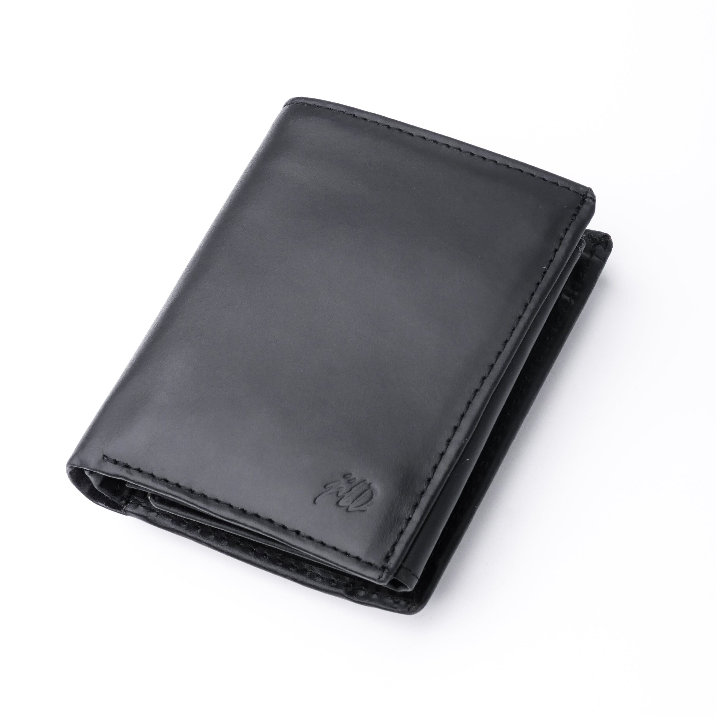 Compact Black Leather Wallet featuring multiple card slots and a coin pocket, elegantly designed for convenience and style.