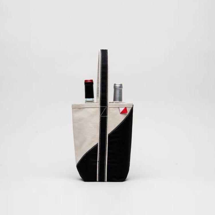 Contemporary Double Wine Tote made of heavyweight cotton canvas, holding two wine bottles securely with a removable divider.