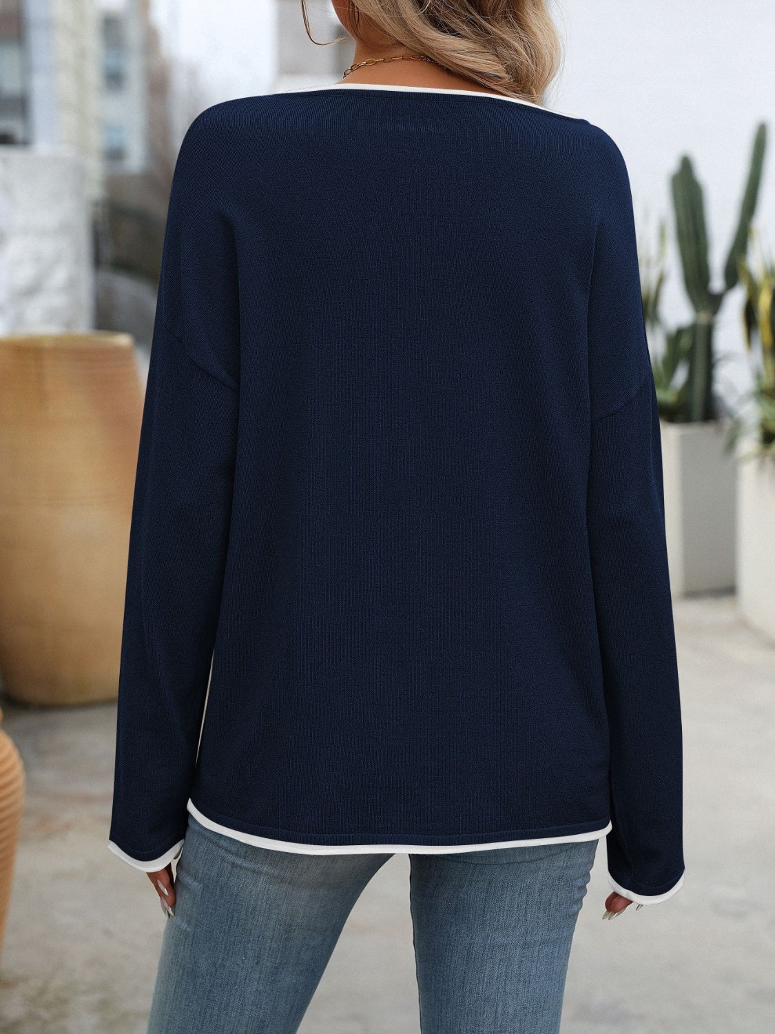 Contrast Trim Round Neck Long Sleeve Sweater in stylish design, featuring a round neck and long sleeves, perfect for casual and formal wear.