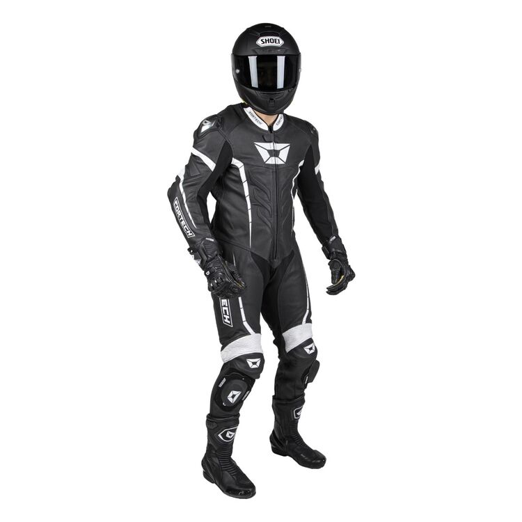 Cortech Adrenaline GP Race Suit showcasing premium cowhide leather, titanium shoulder sliders, and aerodynamic design features.