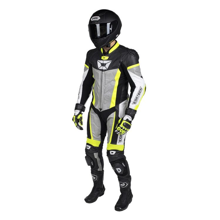 Cortech Apex V1 Race Suit showcasing durable cowhide leather, perforated zones, and protective armor features.