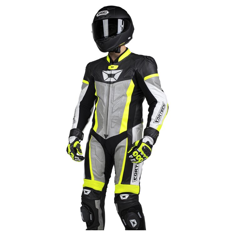 Cortech Apex V1 Race Suit showcasing durable cowhide leather, perforated zones, and protective armor features.