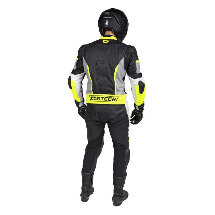 Cortech Apex V1 Race Suit showcasing durable cowhide leather, perforated zones, and protective armor features.