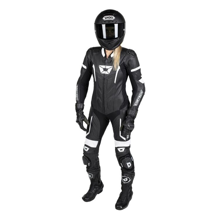 Cortech Apex V1 Women's Race Suit showcasing durable cowhide leather, perforated zones, and protective armor features.