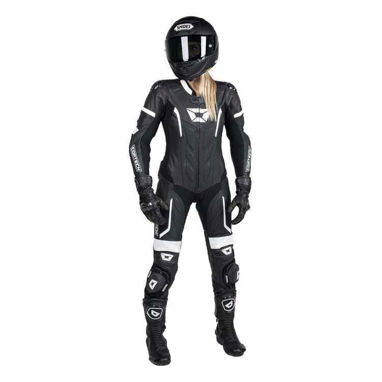 Cortech Apex V1 Women's Race Suit showcasing durable cowhide leather, perforated zones, and protective armor features.