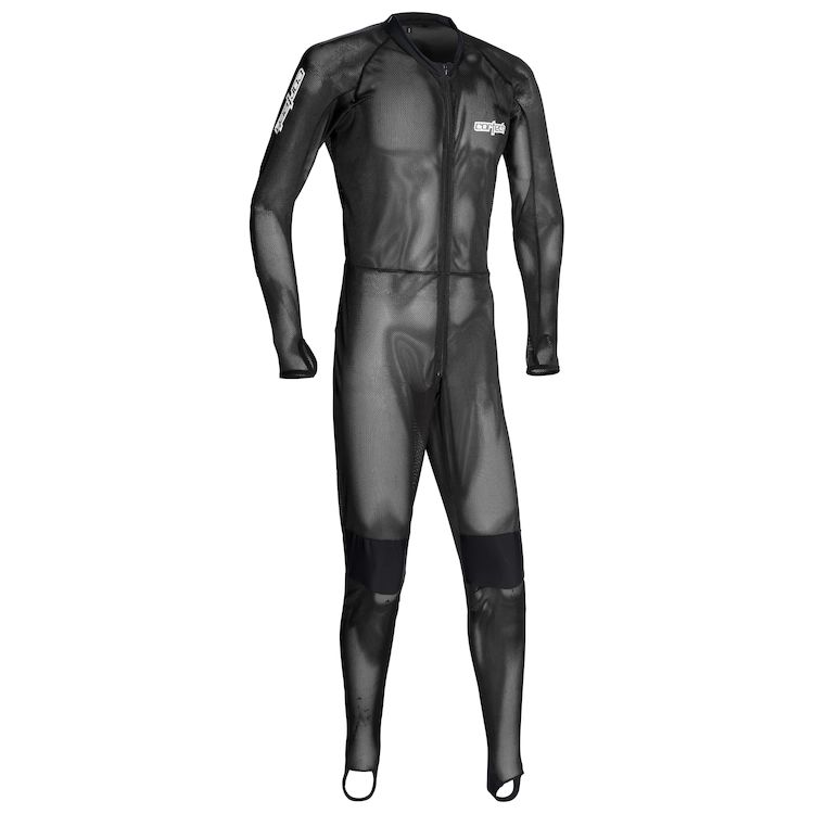 Cortech Quick-Dry Air Undersuit displayed on a mannequin, showcasing its lightweight mesh design and secure fit features.