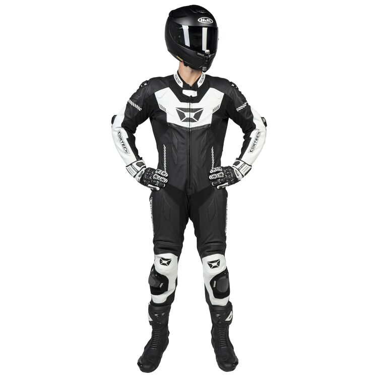 Cortech Revo Sport Air Race Suit made of durable cowhide leather with perforations for airflow, featuring Knox armor and knee sliders.