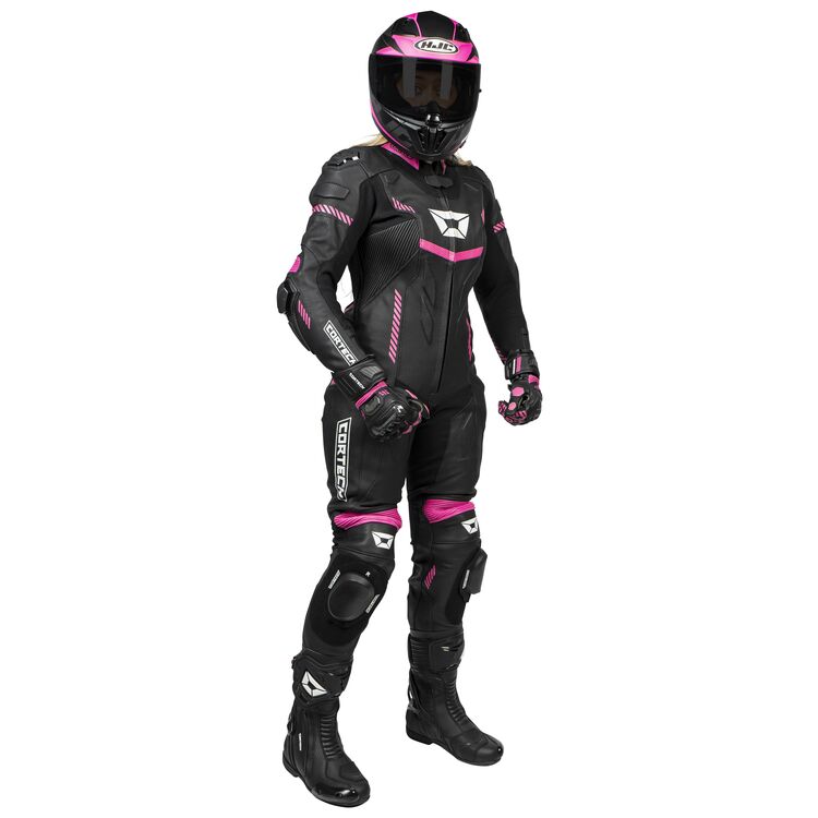 Cortech Revo Sport Air Women's Race Suit showcasing its sleek design and protective features, made from high-quality cowhide leather.