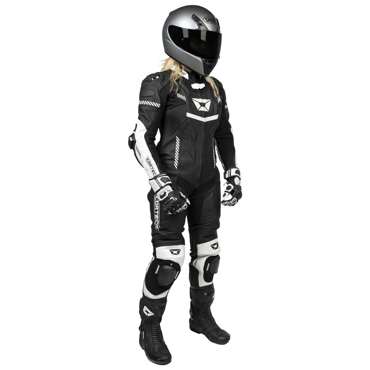 Cortech Revo Sport Air Women's Race Suit showcasing its sleek design and premium leather construction, ideal for racing enthusiasts.