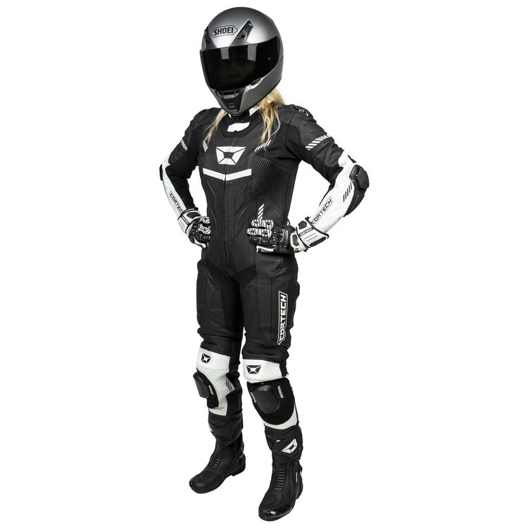 Cortech Revo Sport Air Women's Race Suit showcasing its sleek design and premium leather construction, ideal for racing enthusiasts.