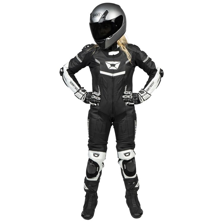 Cortech Revo Sport Air Women's Race Suit showcasing its sleek design and premium leather construction, ideal for racing enthusiasts.