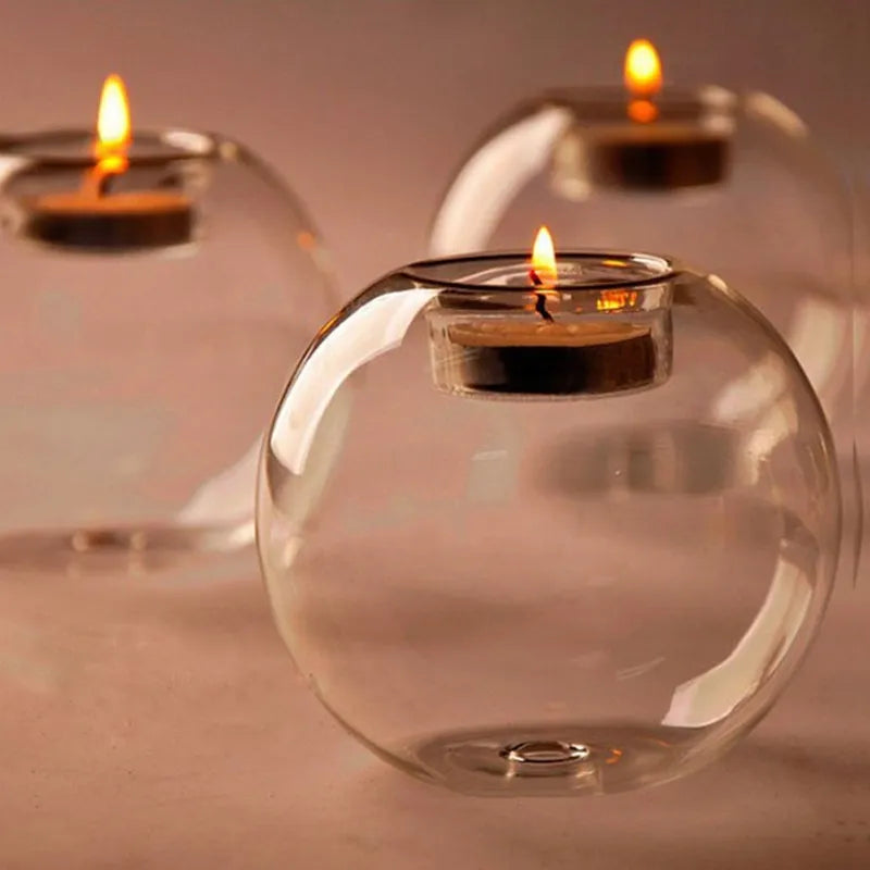 Cozy Exquisite Round Hollow Glass Candle Holder showcasing its elegant round design and transparent glass material.