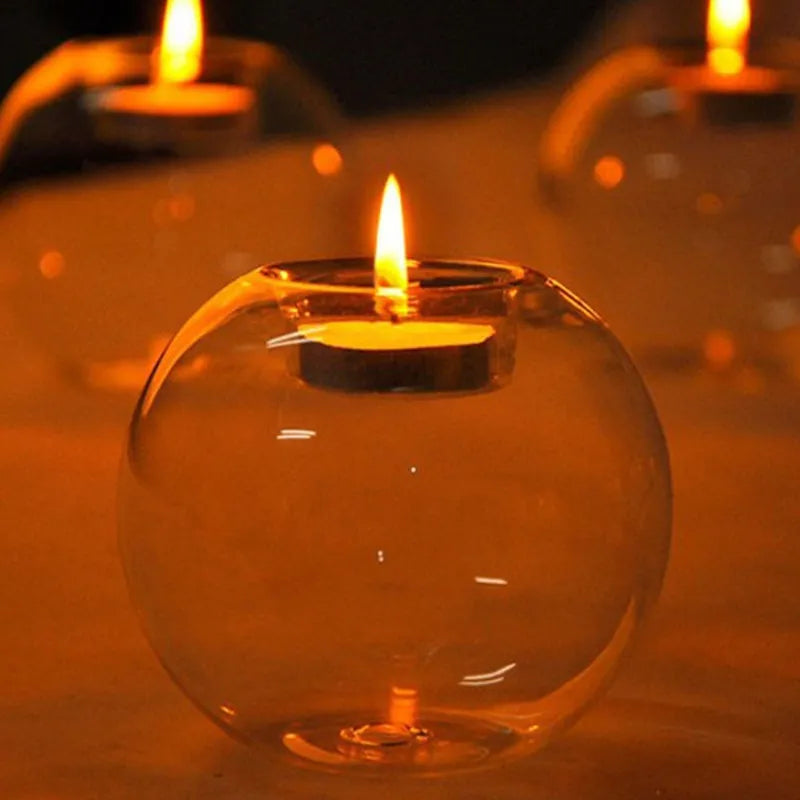 Cozy Exquisite Round Hollow Glass Candle Holder showcasing its elegant round design and transparent glass material.