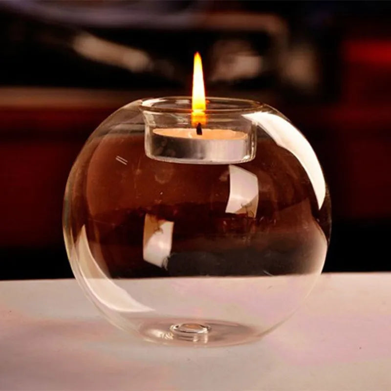 Cozy Exquisite Round Hollow Glass Candle Holder showcasing its elegant round design and transparent glass material.