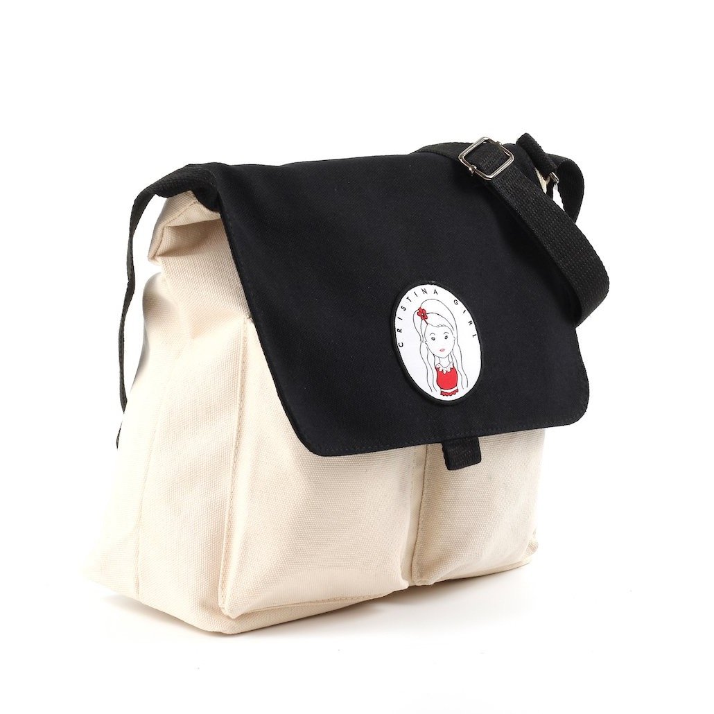 Stylish two-tone cross body bag made of durable canvas, featuring adjustable strap and multiple pockets.